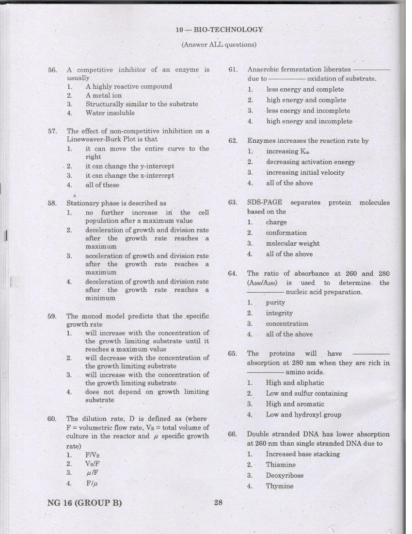 TANCET 2016 Question Paper for Biotechnology - Page 1