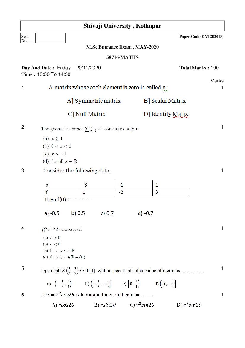Shivaji University Entrance Exam 2020 Question Paper Maths - Page 1