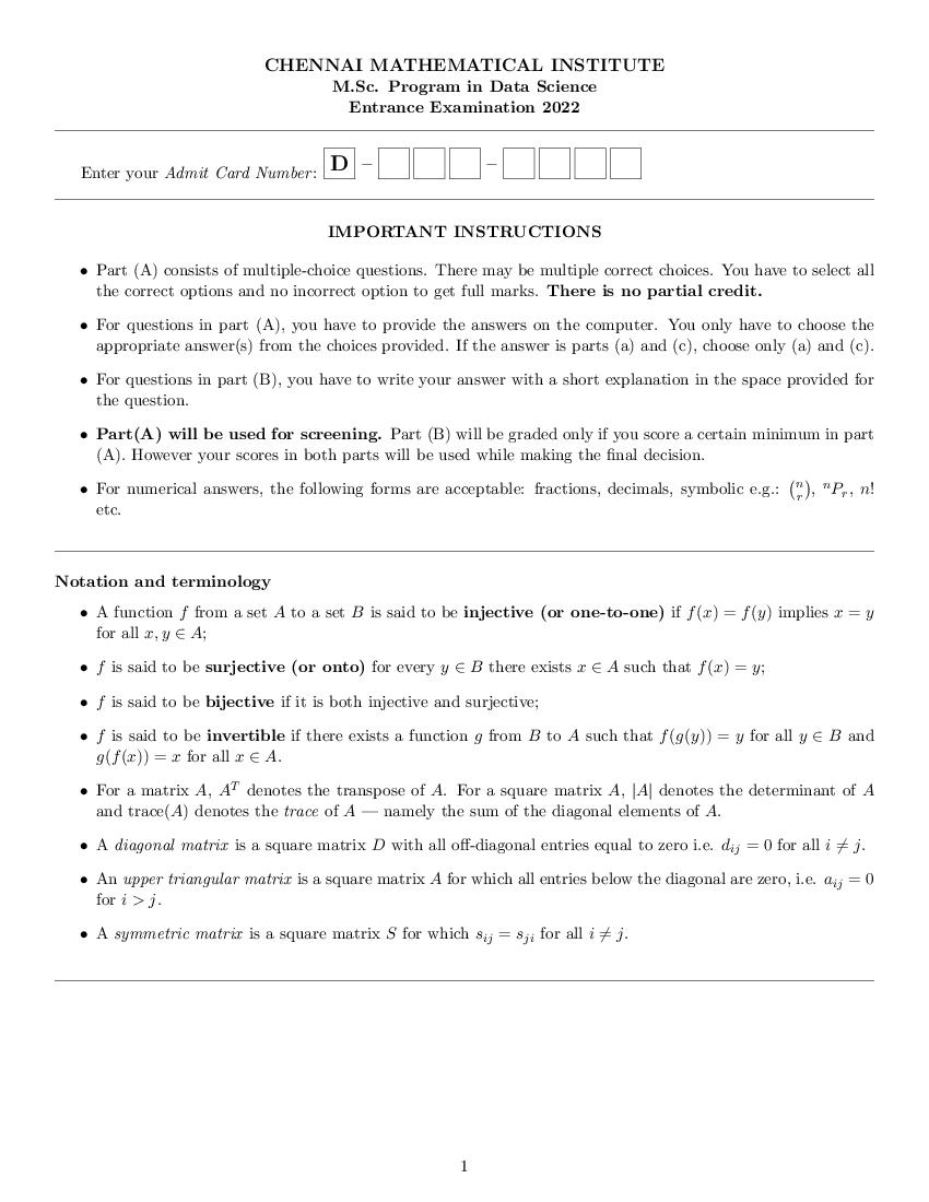 CMI Entrance Exam 2012 Question Paper for M.Sc in Data Science - Page 1