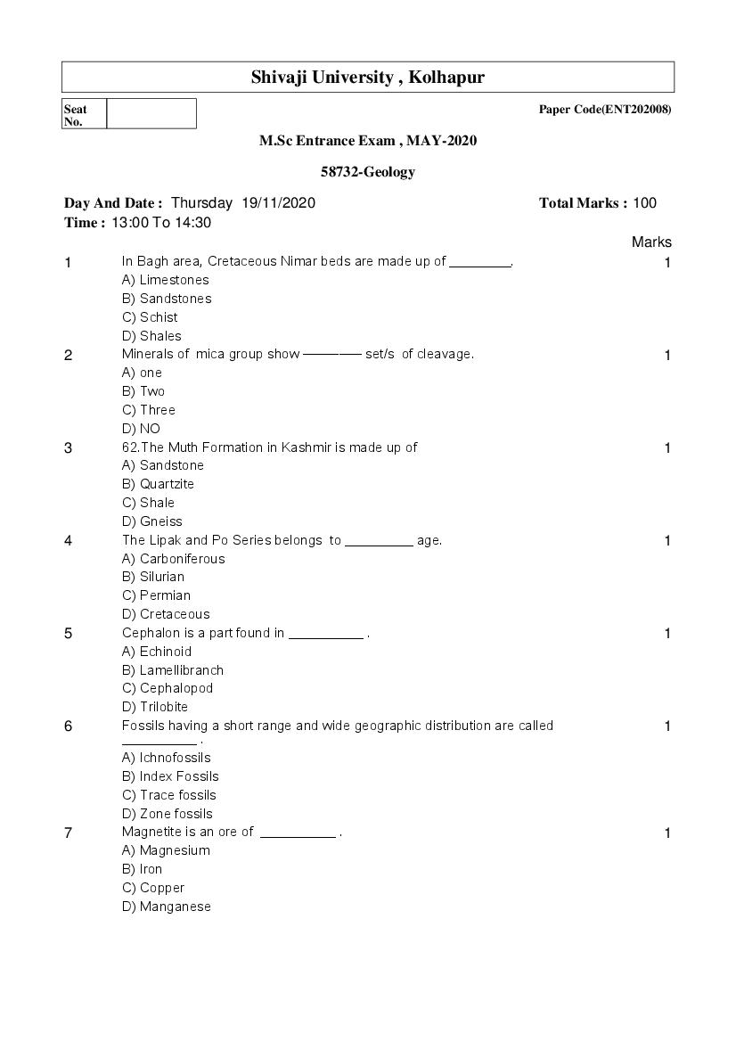 Shivaji University Entrance Exam 2020 Question Paper M.Sc Geology - Page 1