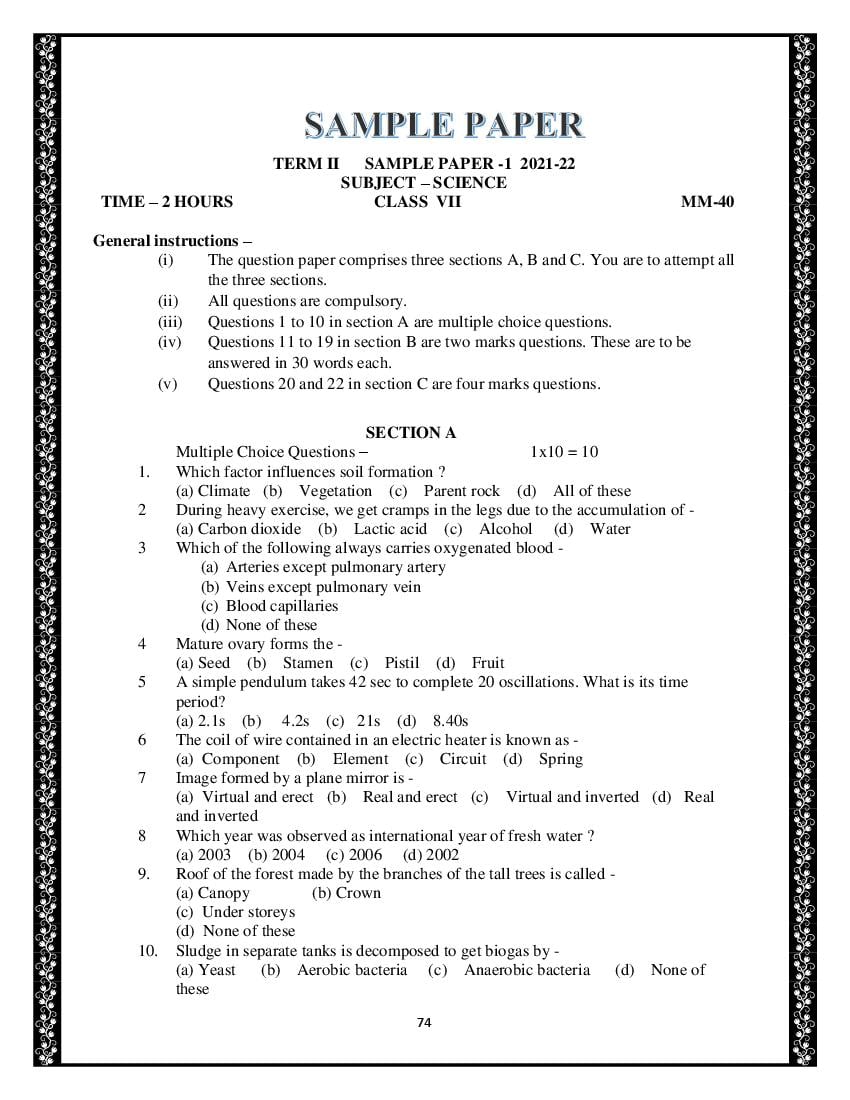 CBSE Class 7 Sample Paper 2022 Term 2 Set 1 - Page 1