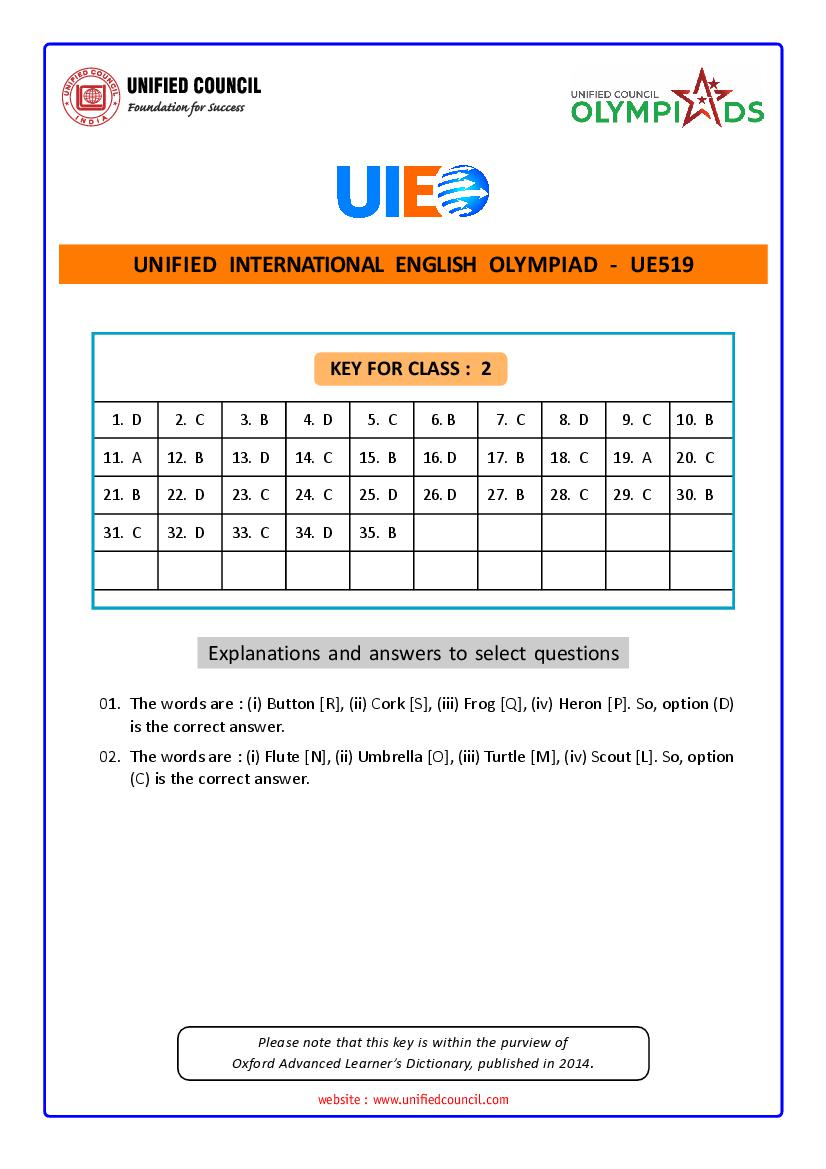UIEO 2021 Answer Key for Class 2 Code-UE519 - Page 1
