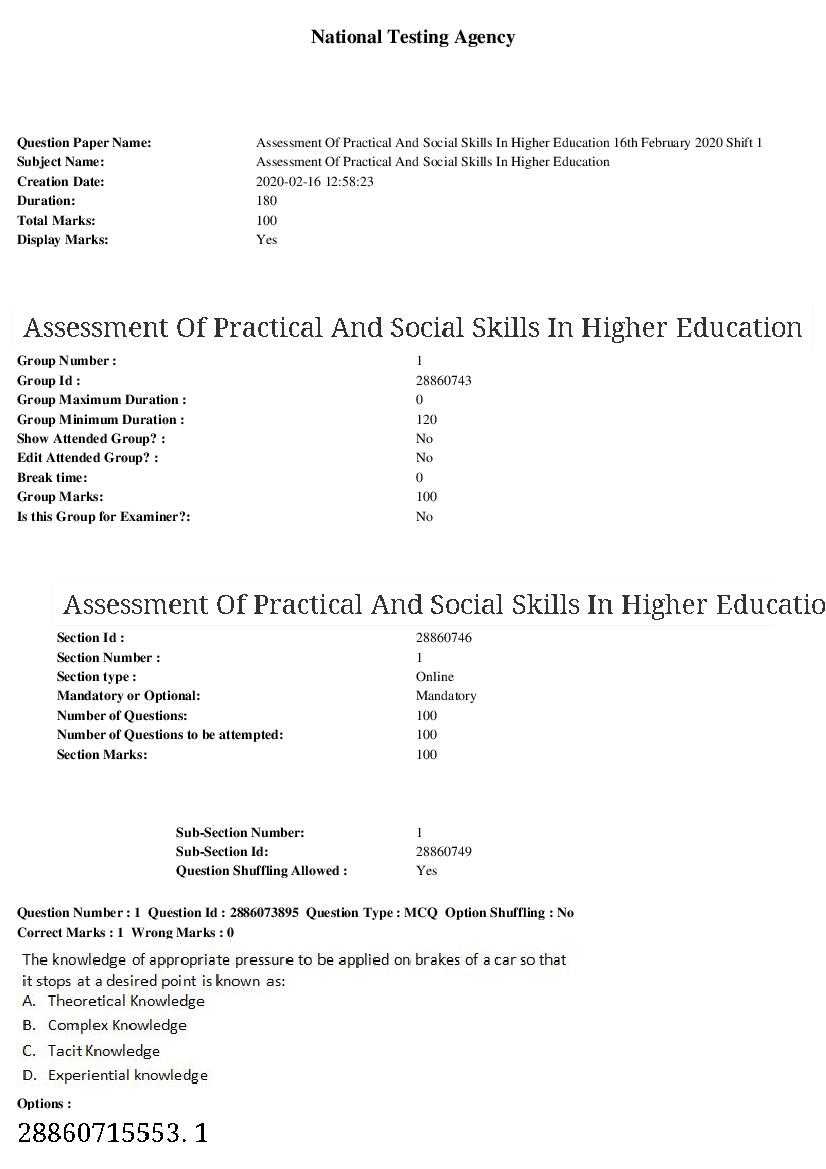 ARPIT 2020 Question Paper for Assessment Of Practical And Social Skills In Higher Education Shift 1 - Page 1