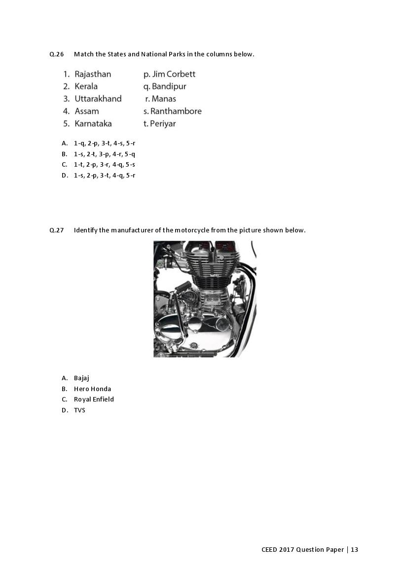 CEED 2017 Question Paper PDF (Official, Part A and Part B)
