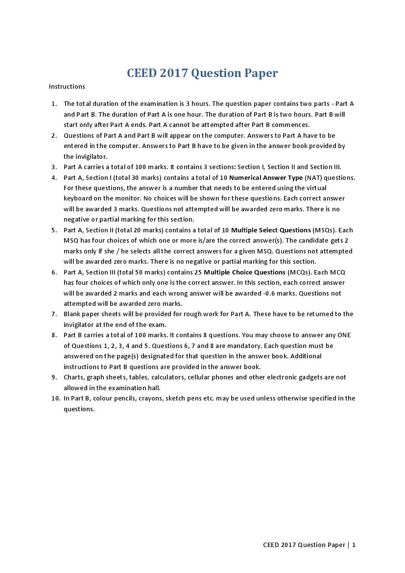 CEED 2017 Question Paper PDF (Official, Part A and Part B)