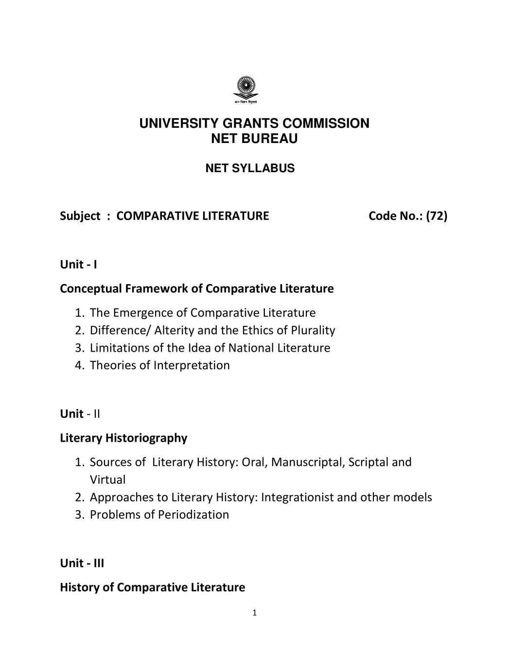 UGC NET Syllabus for Comparative Literature 2020 - Page 1
