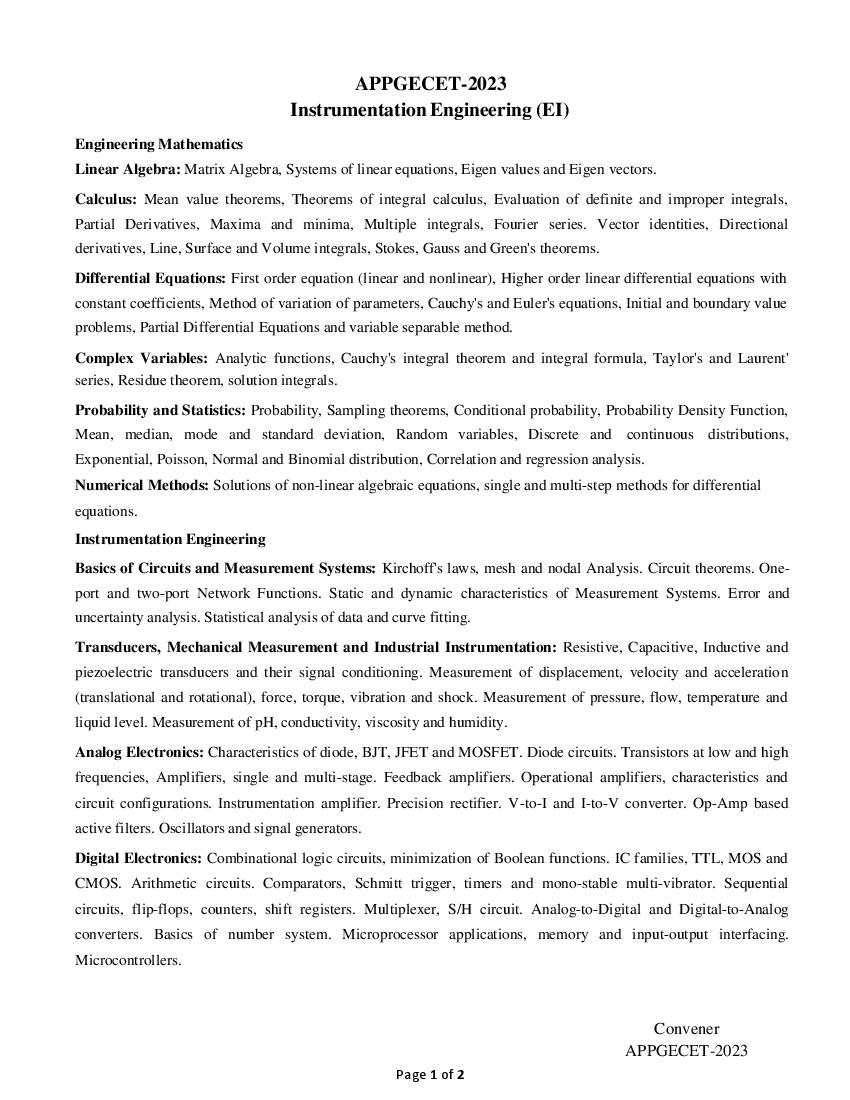 AP PGECET 2023 Syllabus for Instrumentation Engineering - Page 1 of 2