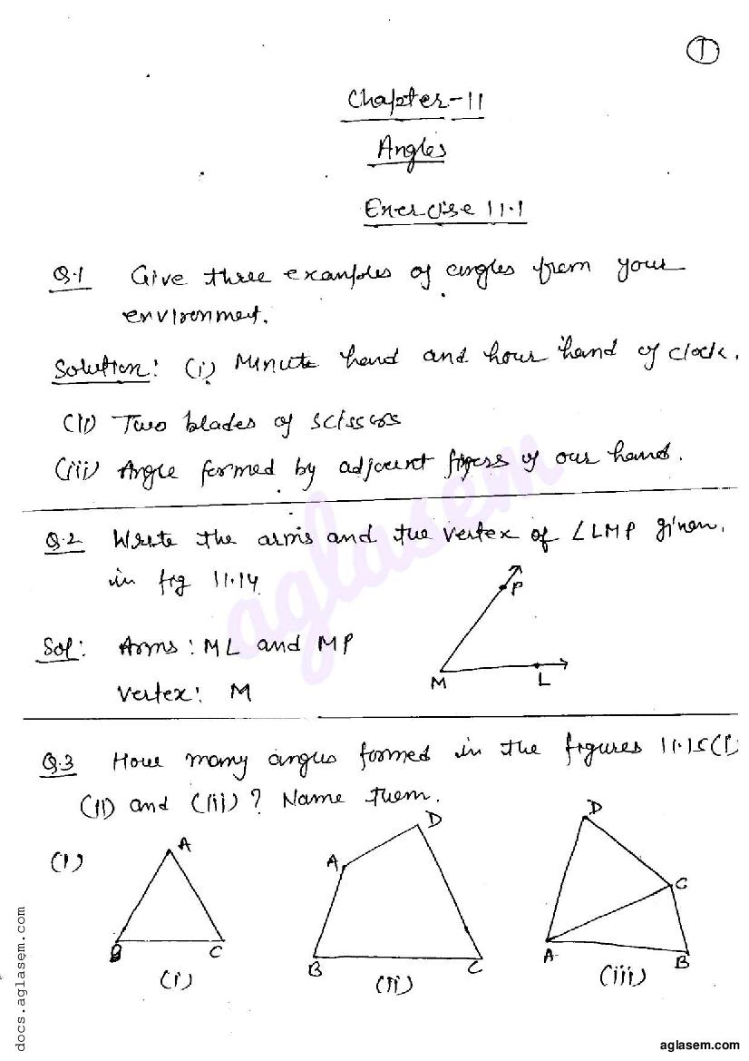 RD Sharma Solutions Class 6 Maths Chapter 11 Angles Exercise 11.1 - Page 1