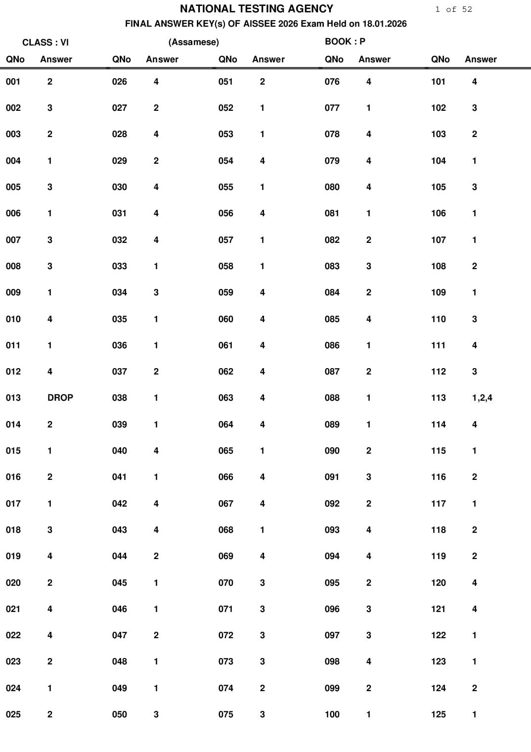 AISSEE 2026 Answer Key Class 6 - Page 1 of 52