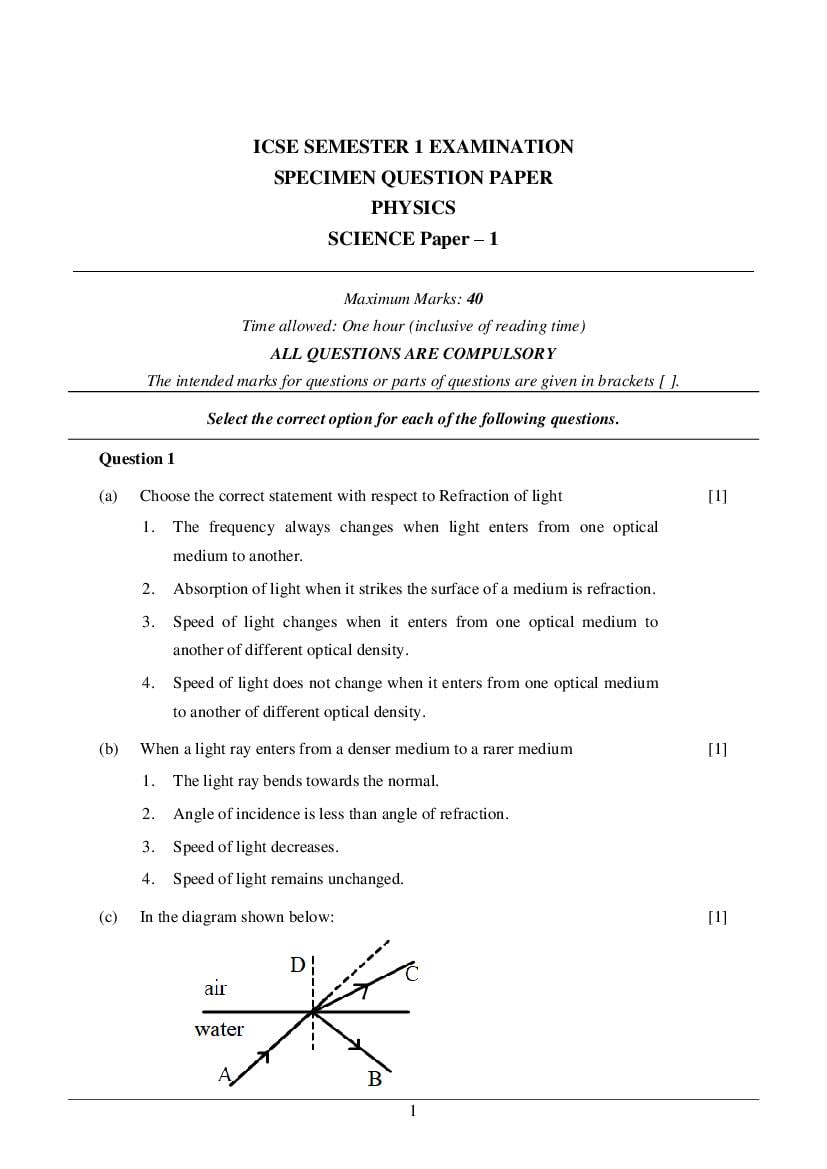 ICSE Class 10 Specimen Paper 2022  Science Semester 1 - Page 1