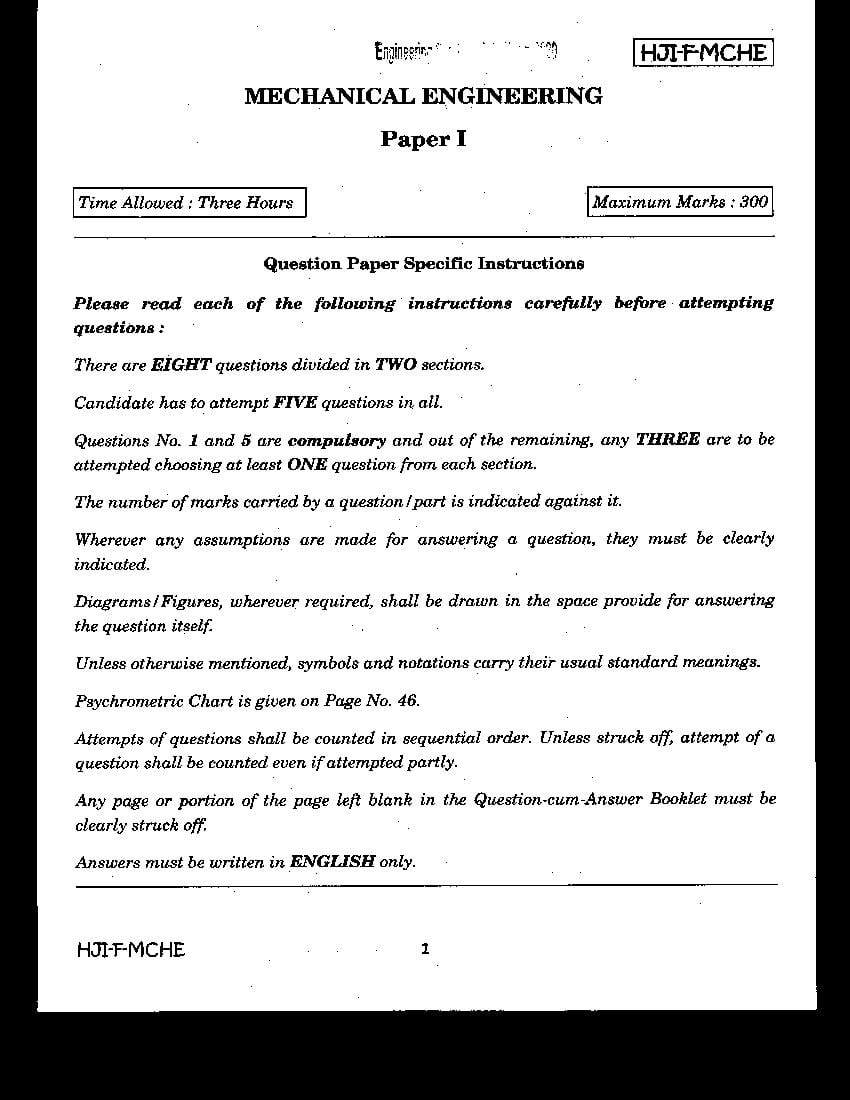 UPSC IES 2020 (Mains) Question Paper Mechanical Engineering Paper 1 - Page 1