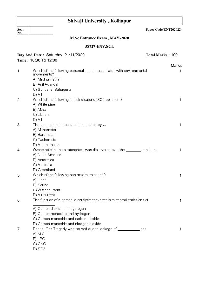 Shivaji University Entrance Exam 2020 Question Paper M.Sc Environmental Science - Page 1
