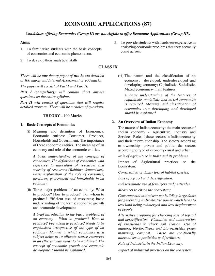 ICSE Class 10 Syllabus 2023 Economic Applications - Page 1