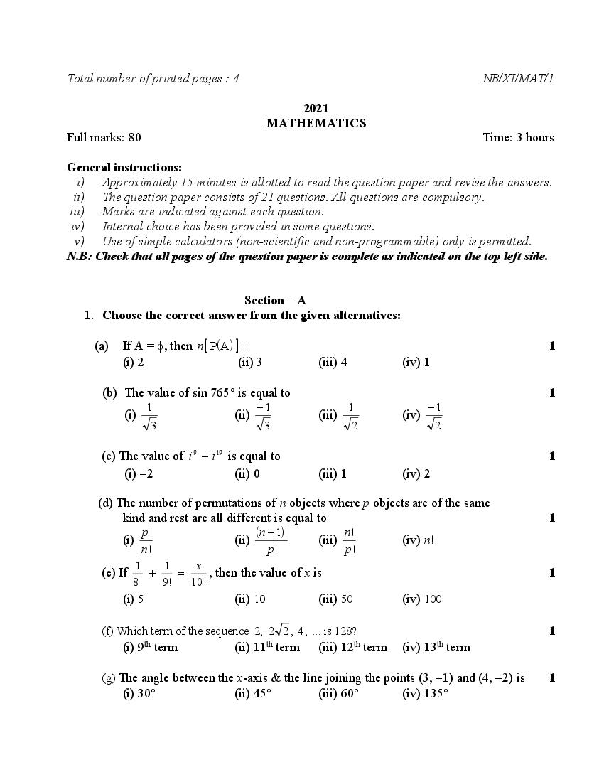 NBSE Class 11 Question Paper 2021 for Maths - Page 1
