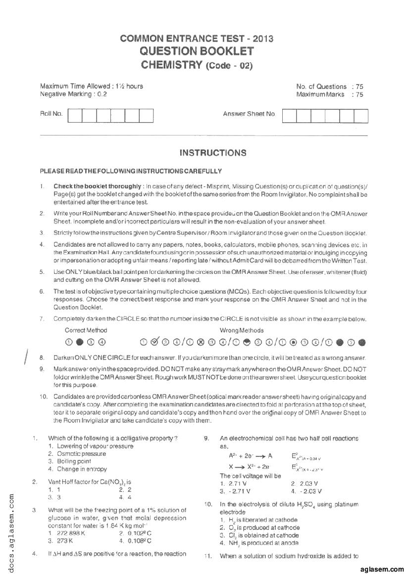 JKCET 2013 Question Paper Chemistry - Page 1