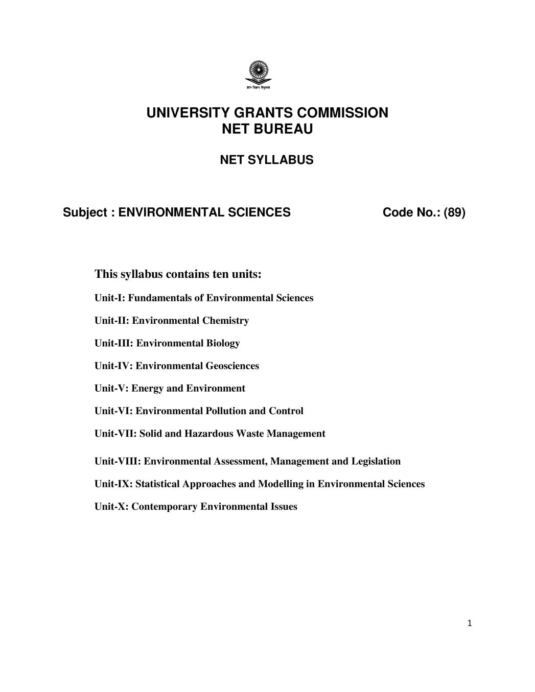 UGC NET Syllabus for Environmental Science 2020 - Page 1