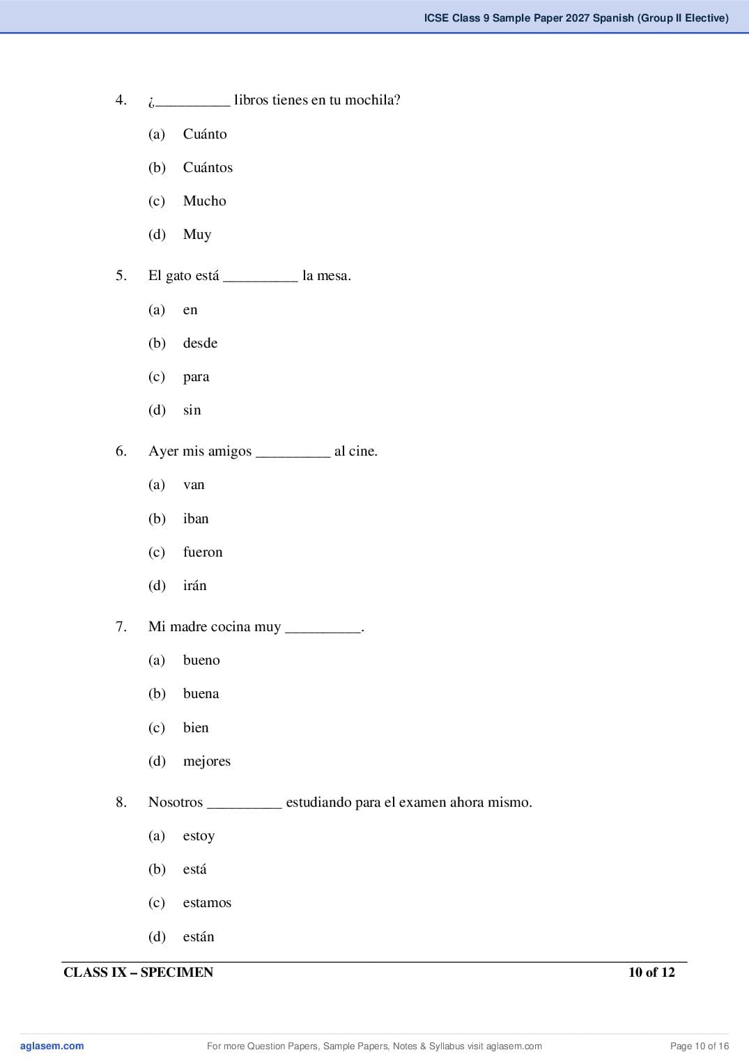 ICSE Class 9 Spanish (Group II Elective) Specimen Paper 2027 (PDF)