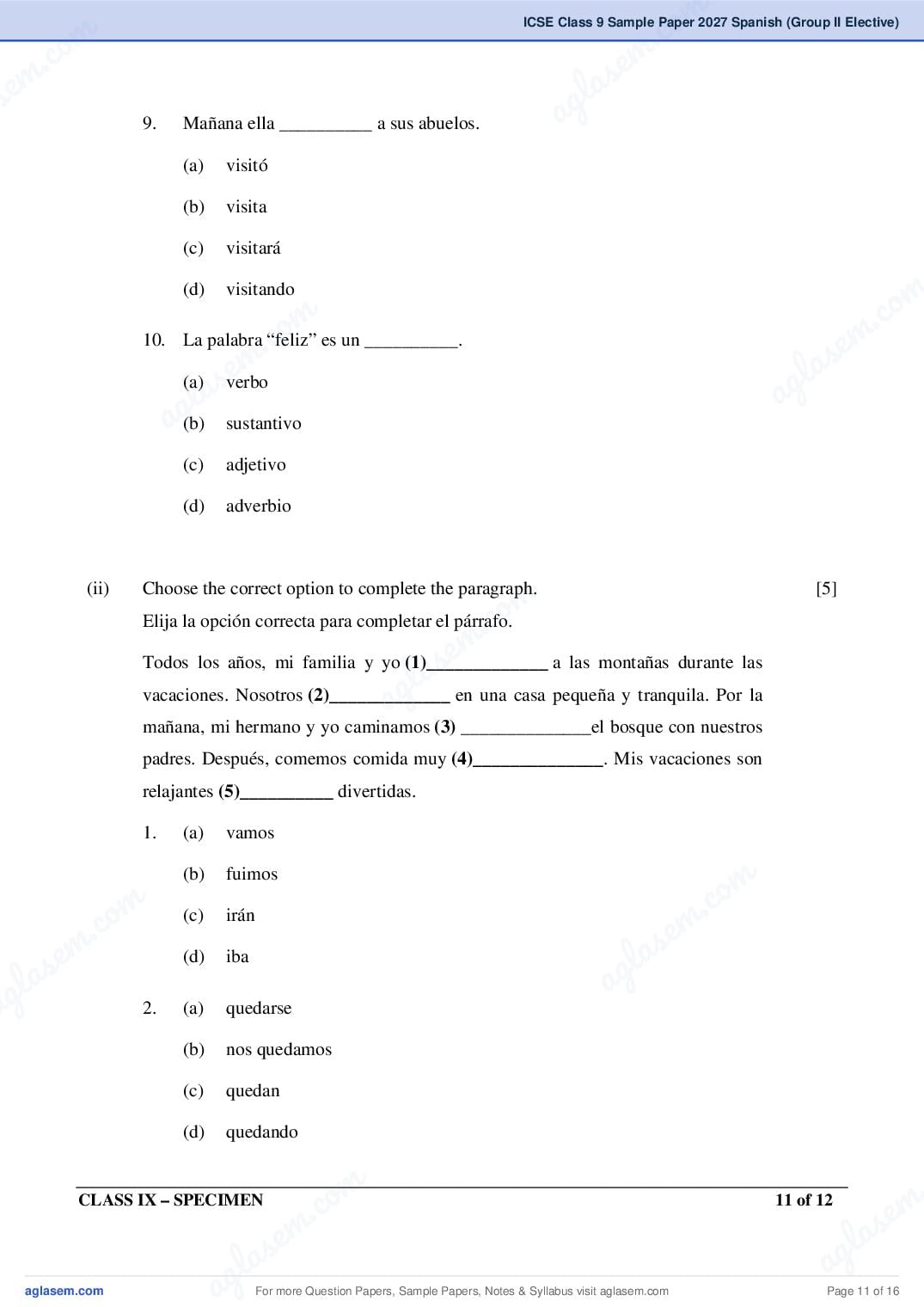 ICSE Class 9 Spanish (Group II Elective) Specimen Paper 2027 (PDF)