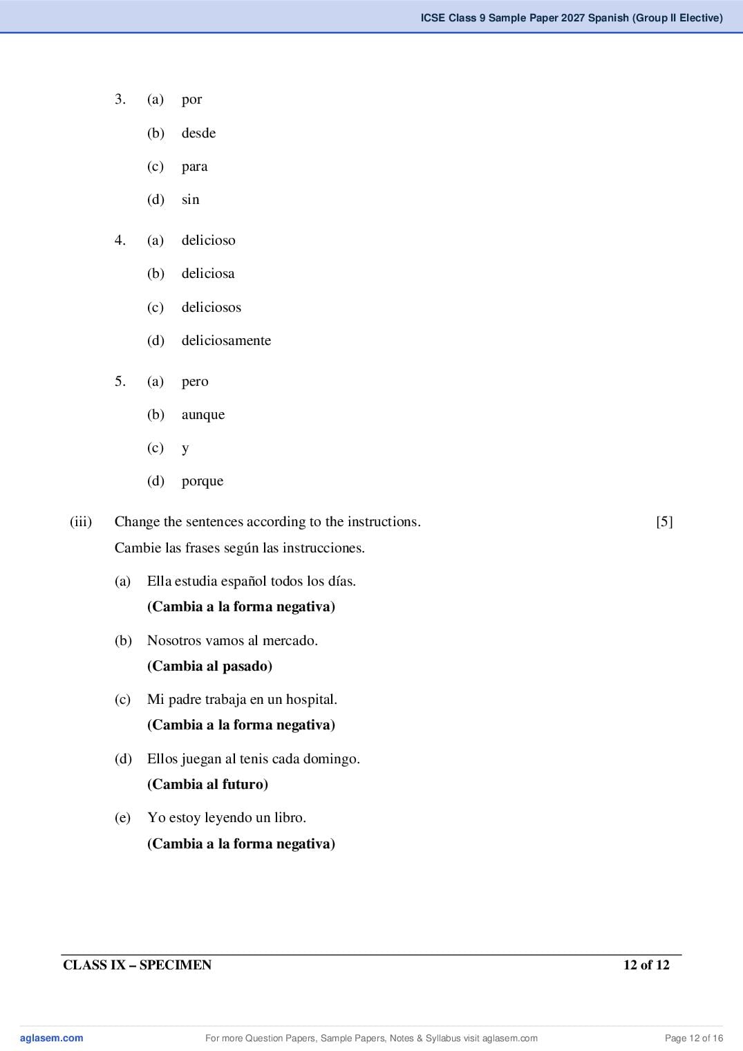 ICSE Class 9 Spanish (Group II Elective) Specimen Paper 2027 (PDF)