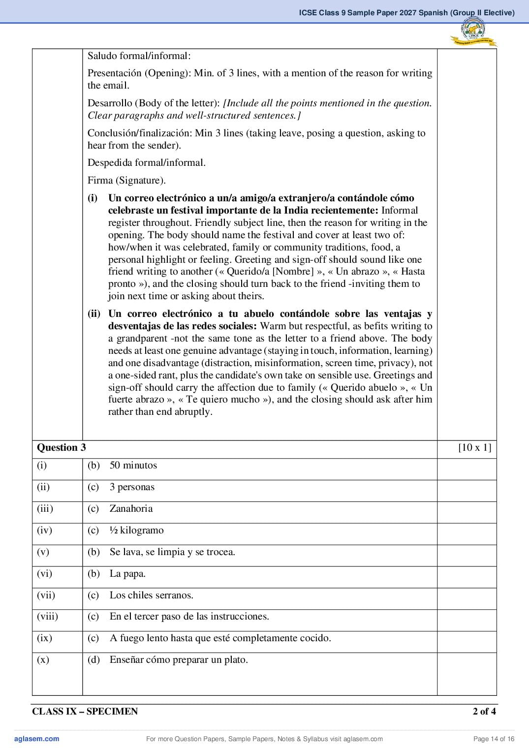 ICSE Class 9 Spanish (Group II Elective) Specimen Paper 2027 (PDF)