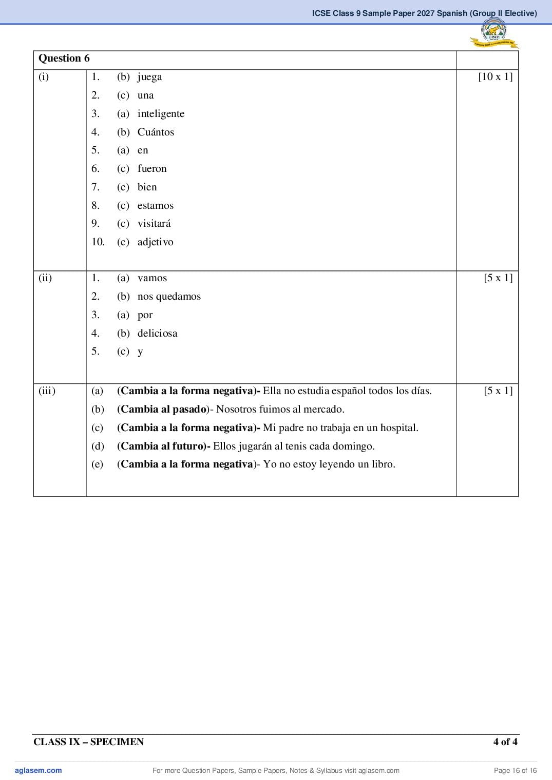ICSE Class 9 Spanish (Group II Elective) Specimen Paper 2027 (PDF)