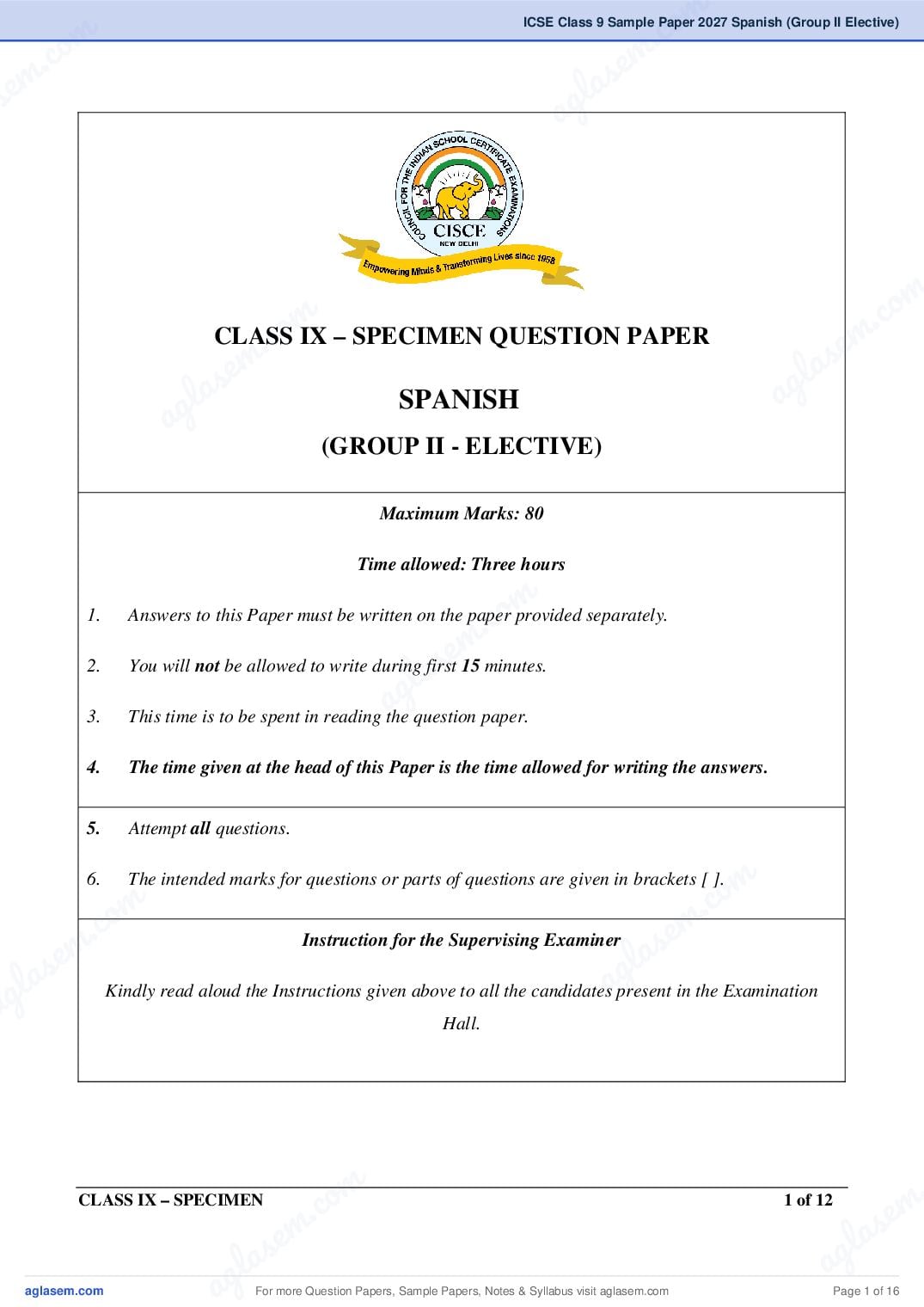 ICSE Class 9 Spanish (Group II Elective) Specimen Paper 2027 (PDF)