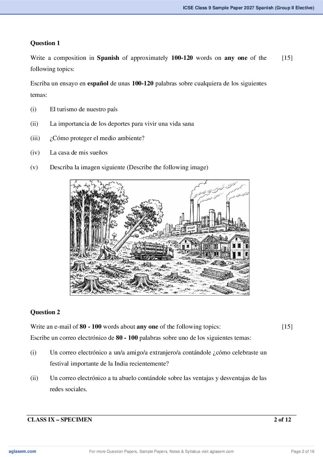 ICSE Class 9 Spanish (Group II Elective) Specimen Paper 2027 (PDF)