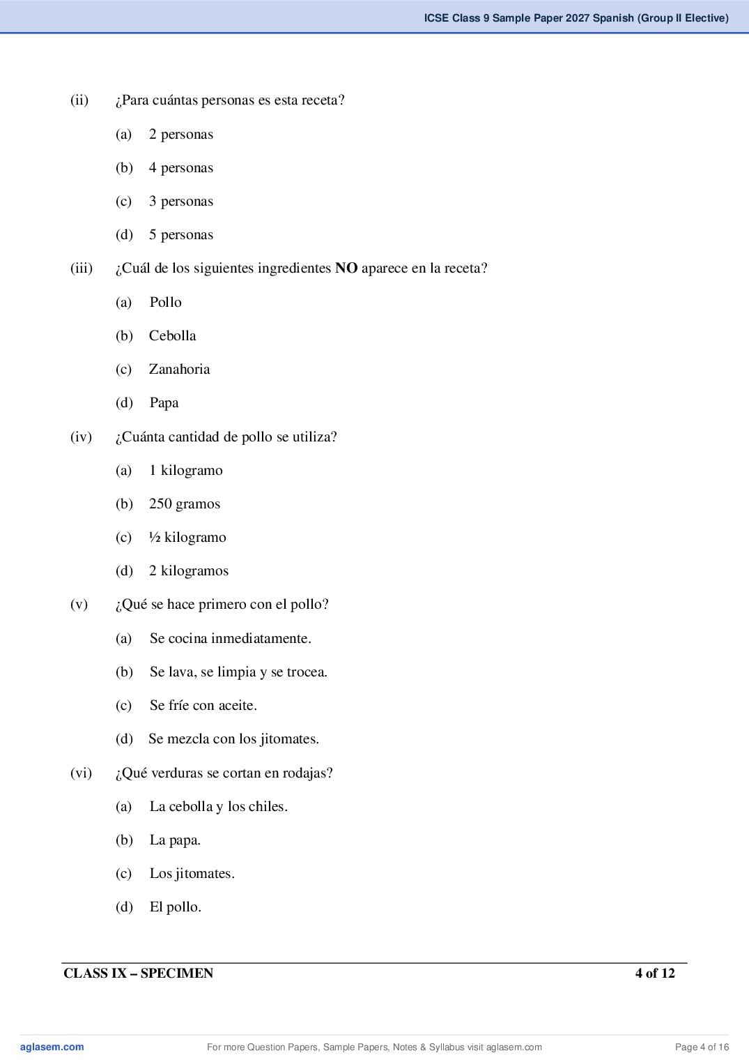 ICSE Class 9 Spanish (Group II Elective) Specimen Paper 2027 (PDF)