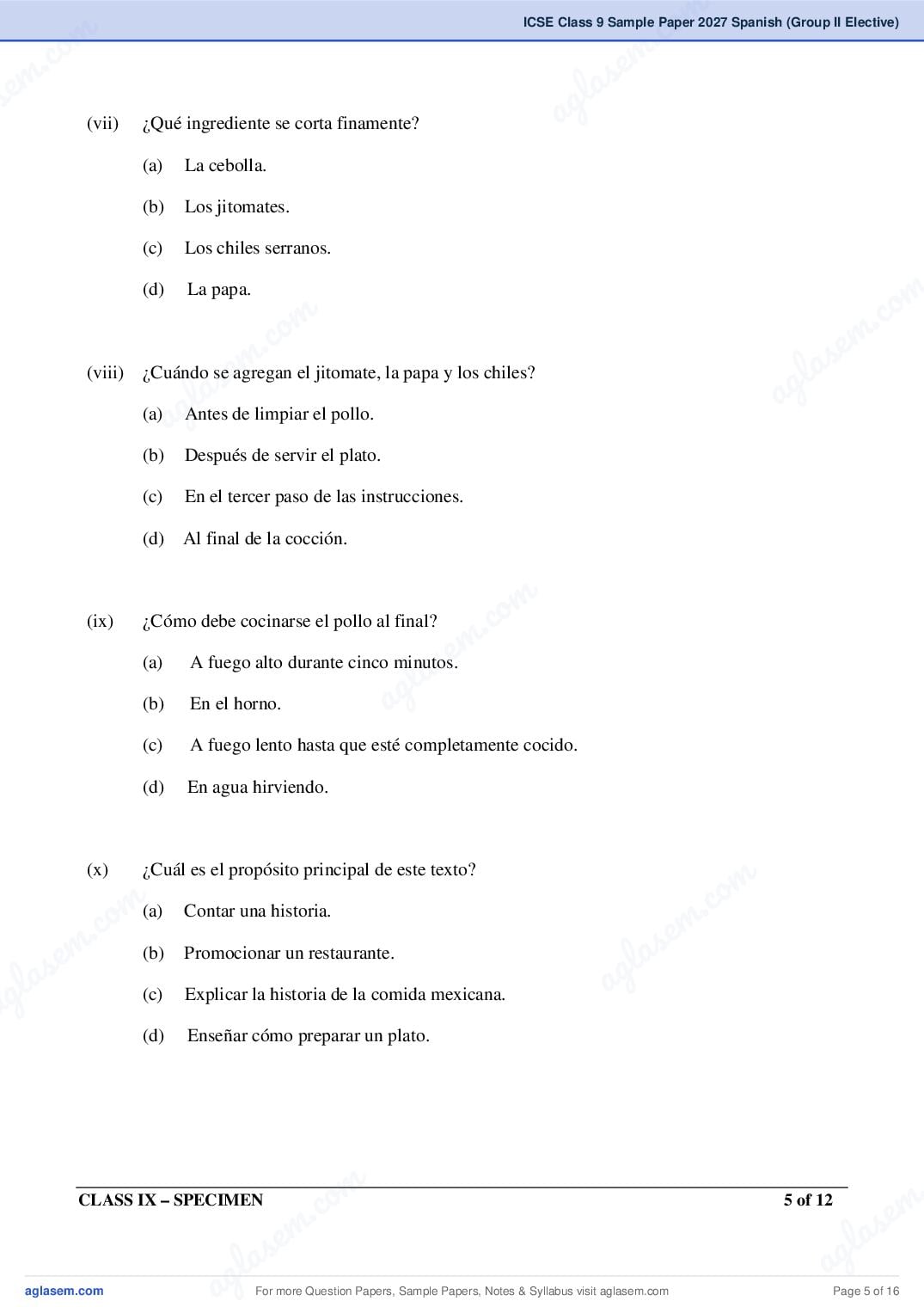 ICSE Class 9 Spanish (Group II Elective) Specimen Paper 2027 (PDF)