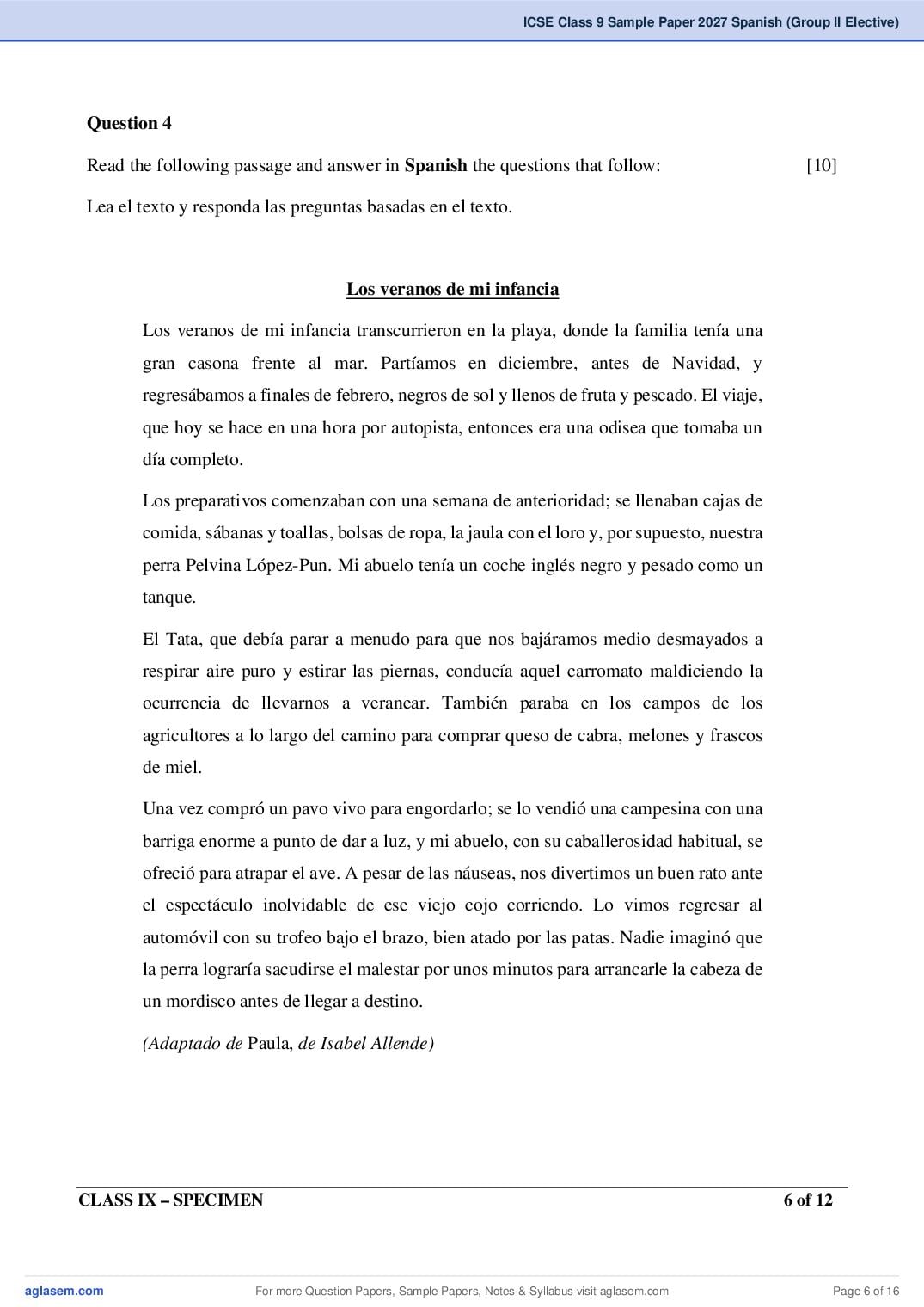 ICSE Class 9 Spanish (Group II Elective) Specimen Paper 2027 (PDF)