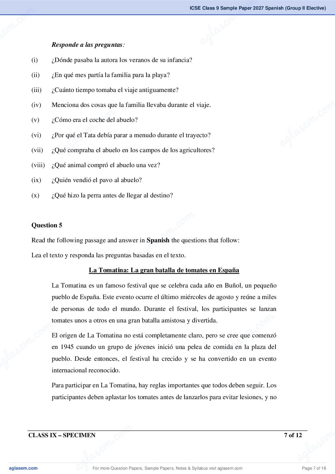ICSE Class 9 Spanish (Group II Elective) Specimen Paper 2027 (PDF)