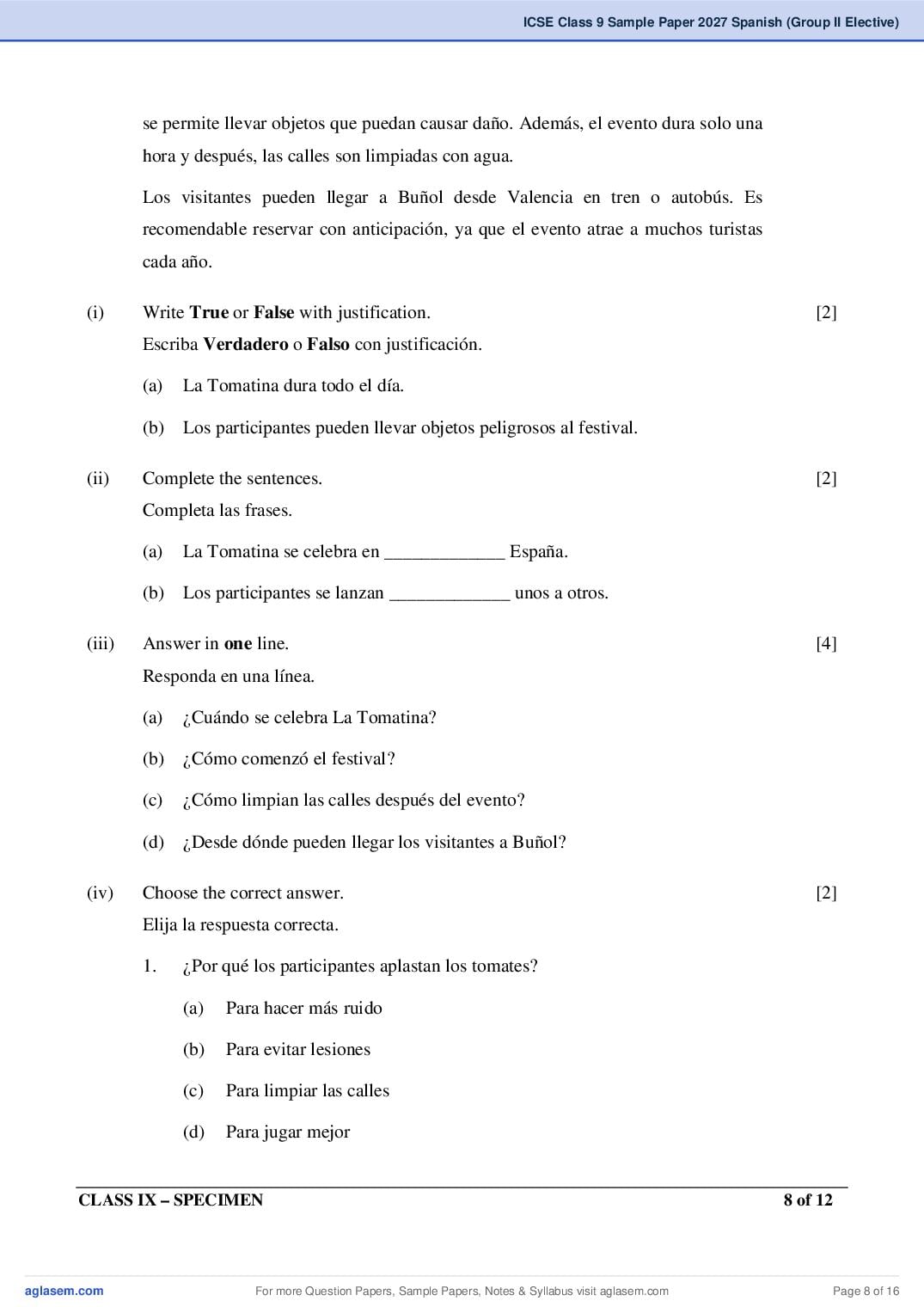 ICSE Class 9 Spanish (Group II Elective) Specimen Paper 2027 (PDF)