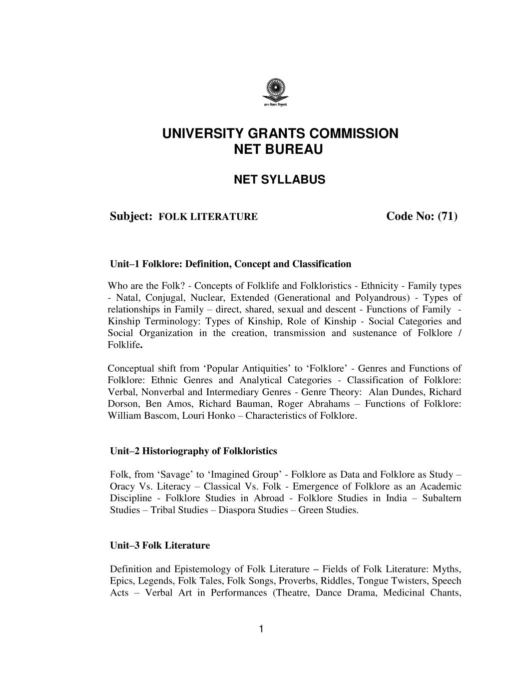 UGC NET Syllabus for Folk Literature 2020 - Page 1