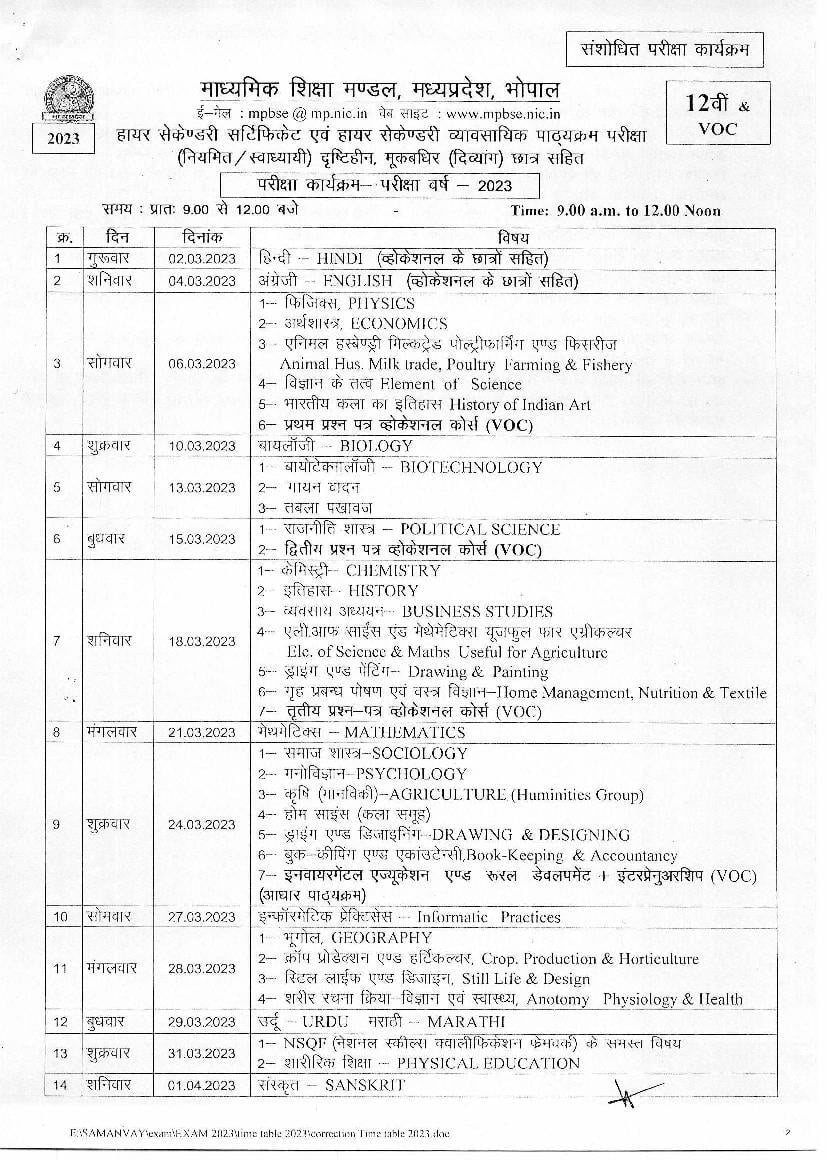 Time Table 2023 Class 12 Mp Board