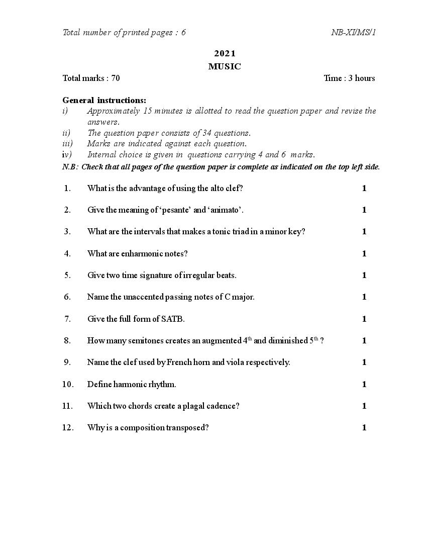 NBSE Class 11 Question Paper 2021 for Music - Page 1