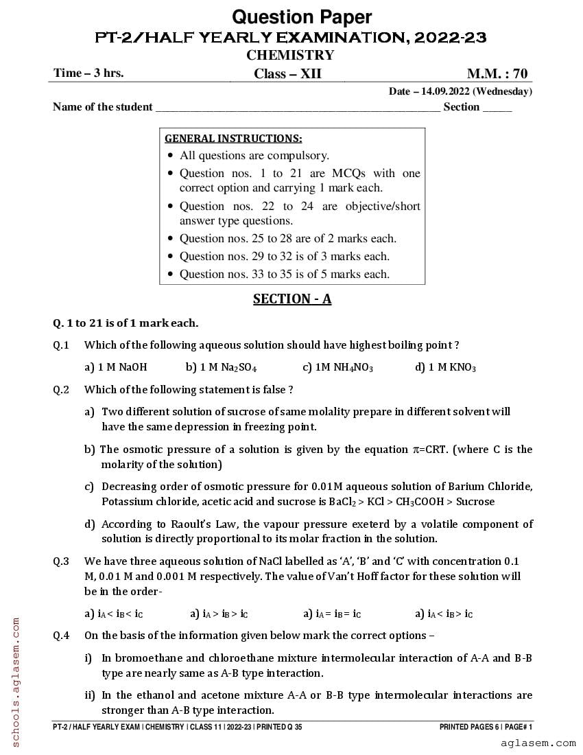 Class 12 Chemistry Half Yearly Question Paper 2023 Pdf 12th Half Yearly Chemistry Question Paper