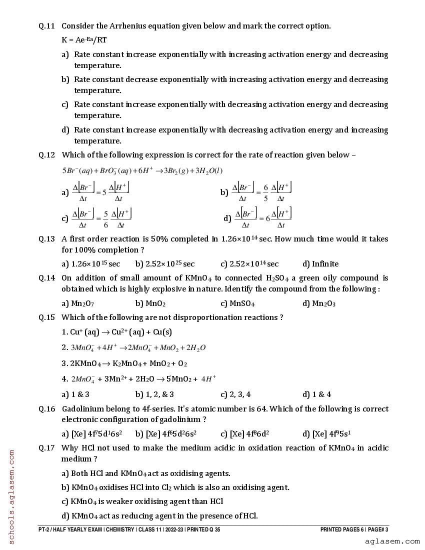 Class 12 Chemistry Half Yearly Question Paper 2023 (PDF) - 12th Half ...