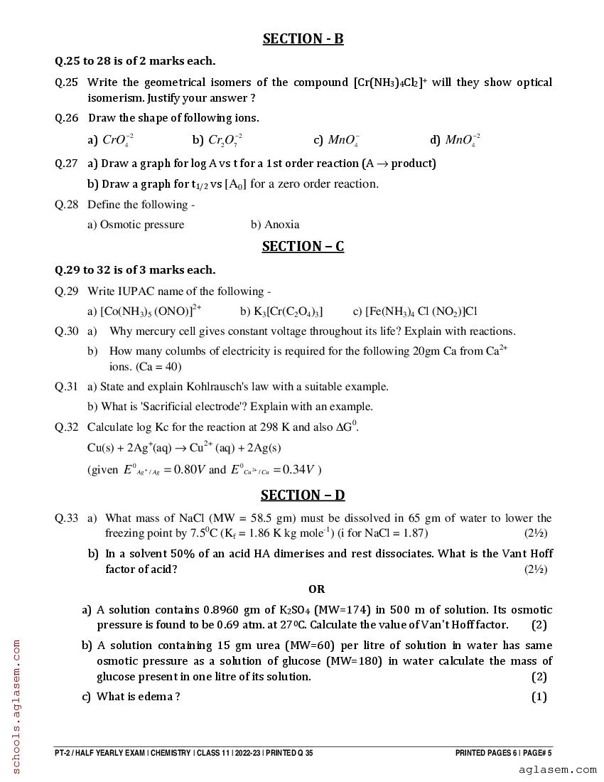 Class 12 Chemistry Half Yearly Question Paper 2023 (PDF) - 12th Half ...