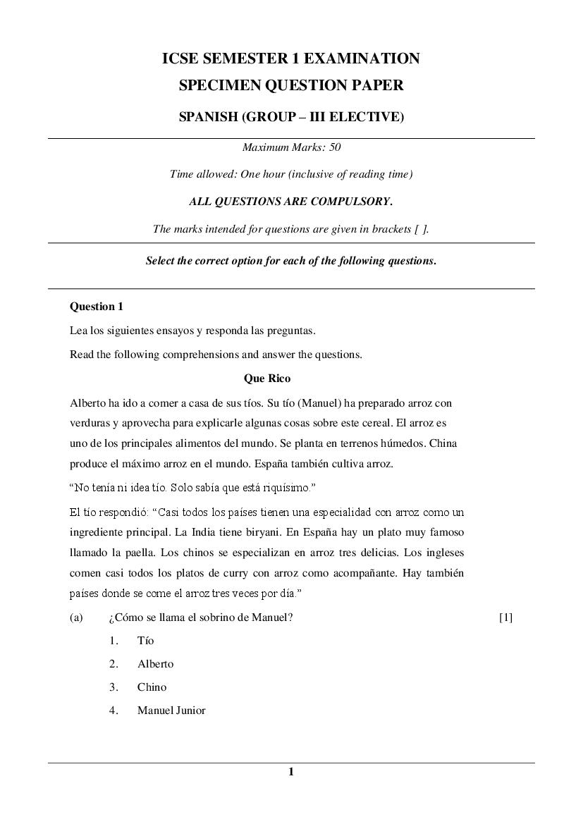 ICSE Class 10 Specimen Paper 2022  Spanish Group 3 Semester 1 - Page 1