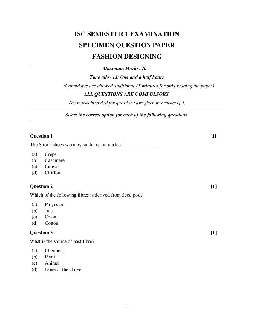 ISC Class 12 Specimen Paper 2022  Fashion Designing Semester 1 - Page 1