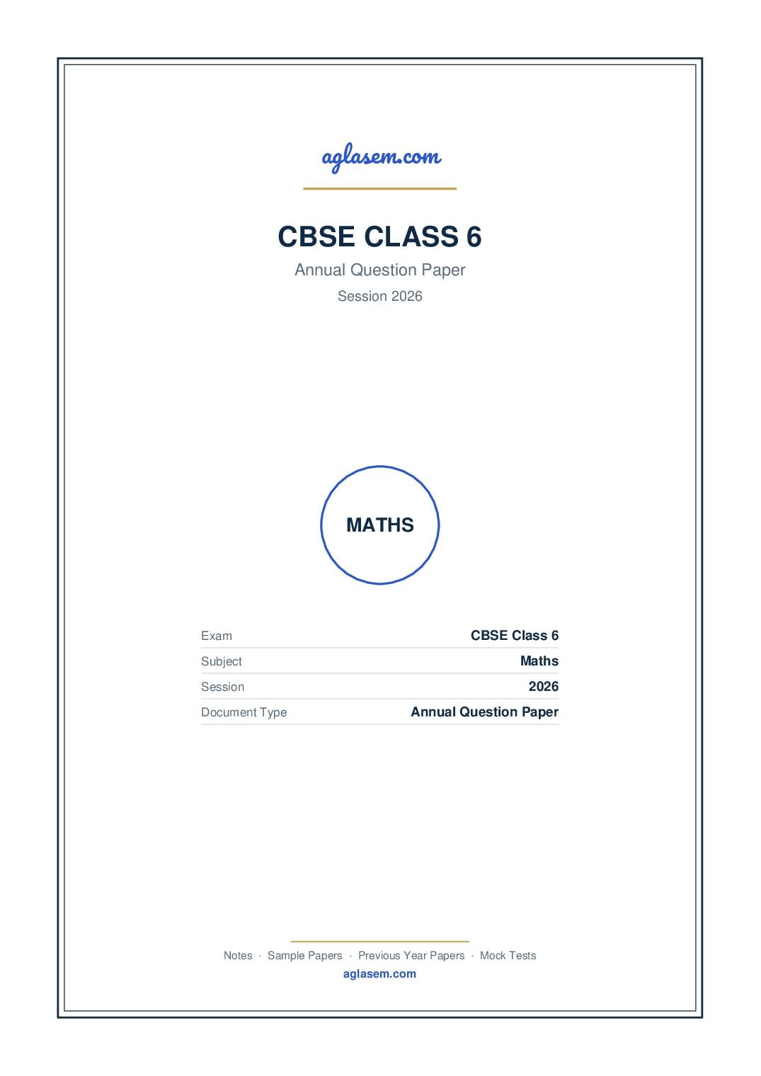 Class 6 Question Paper 2026 Maths - Page 1 of 5