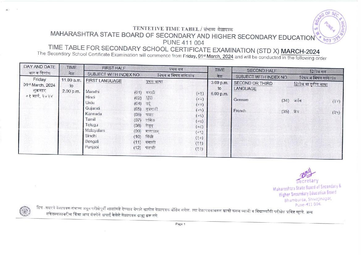 Maharashtra SSC Time Table 2024 - Page 1