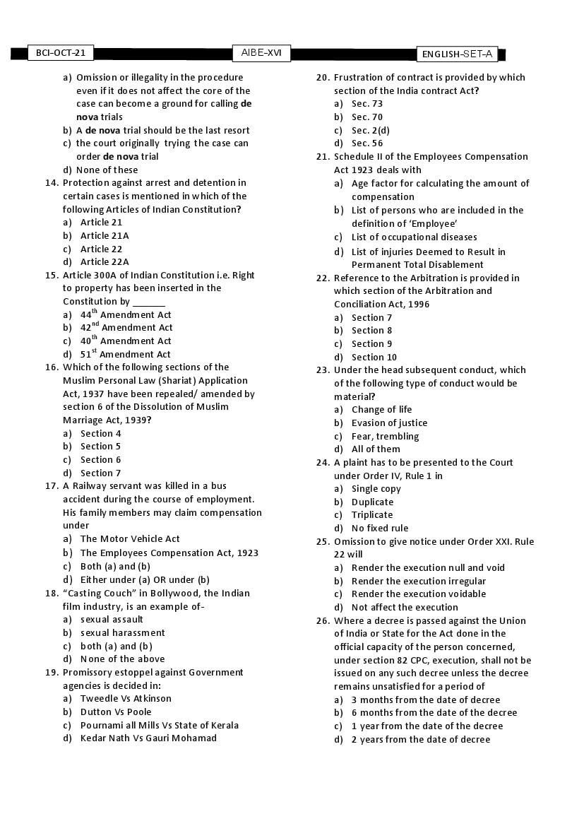 AIBE Question Paper 2021 PDF with Answers (AIBE 16 Question Paper) -  AglaSem Admission
