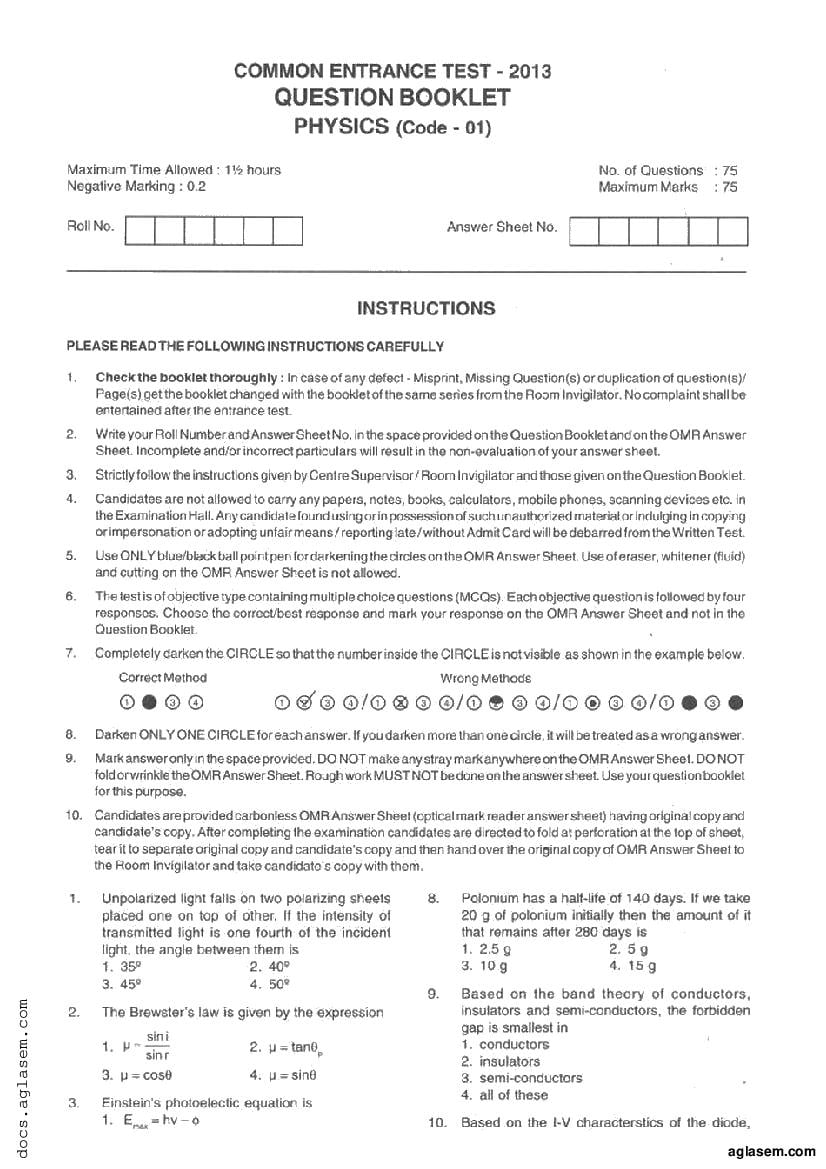 JKCET 2013 Question Paper Physics - Page 1