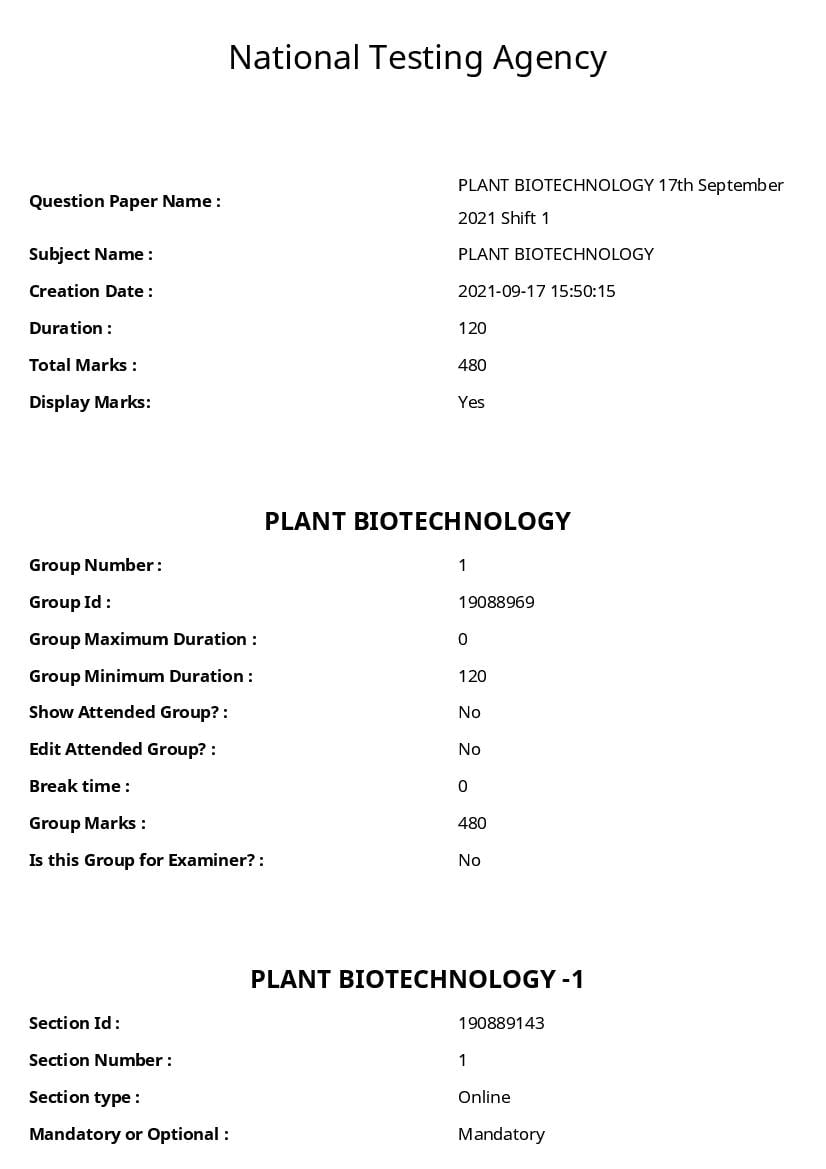 ICAR AIEEA PG 2021 Question Paper Plant Biotechnology - Page 1