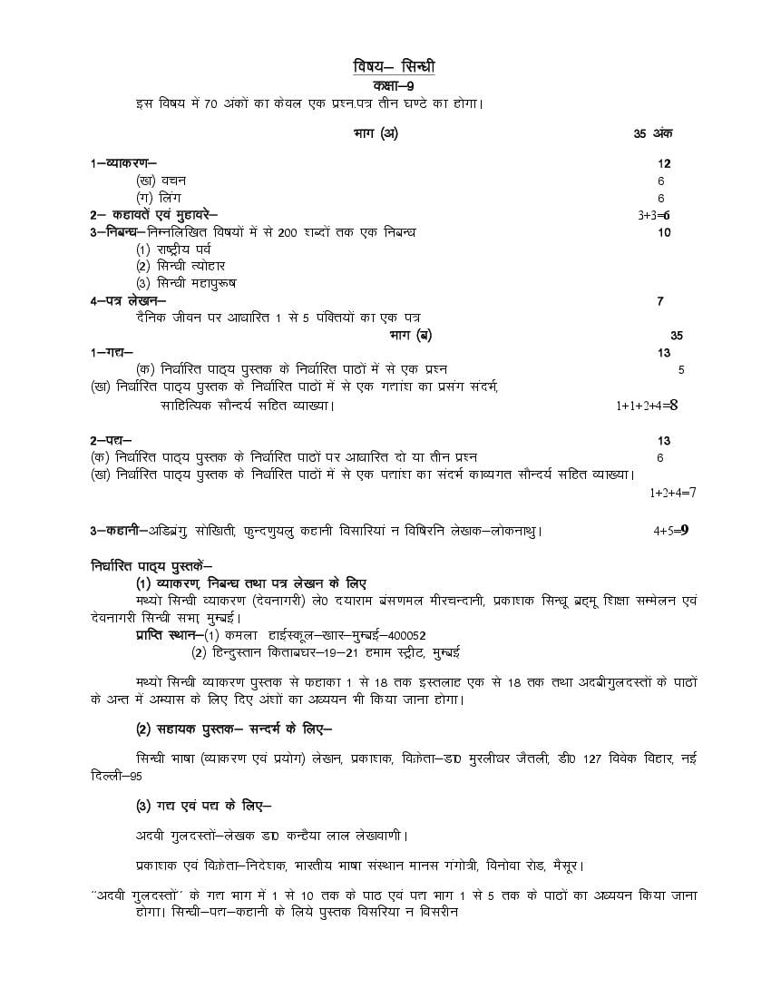 UP Board Class 9 Syllabus 2023 Sindhi - Page 1