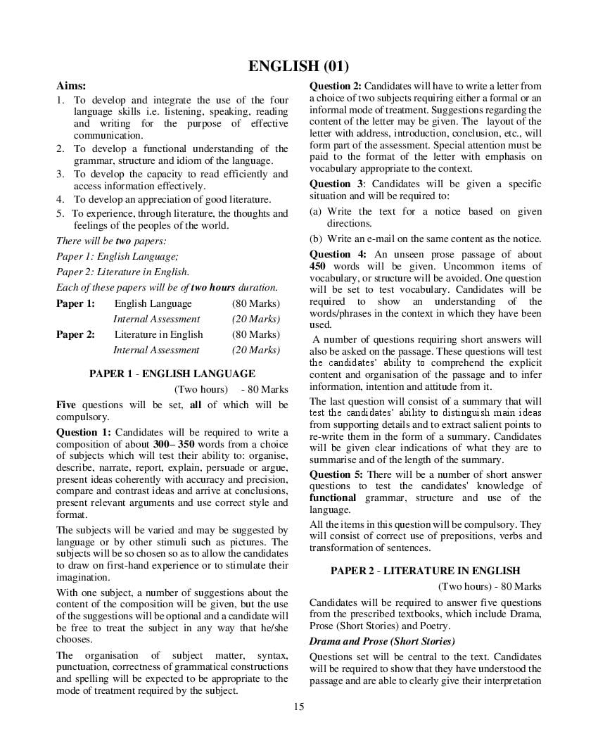 ICSE Class 10 Syllabus 2023 English - Page 1