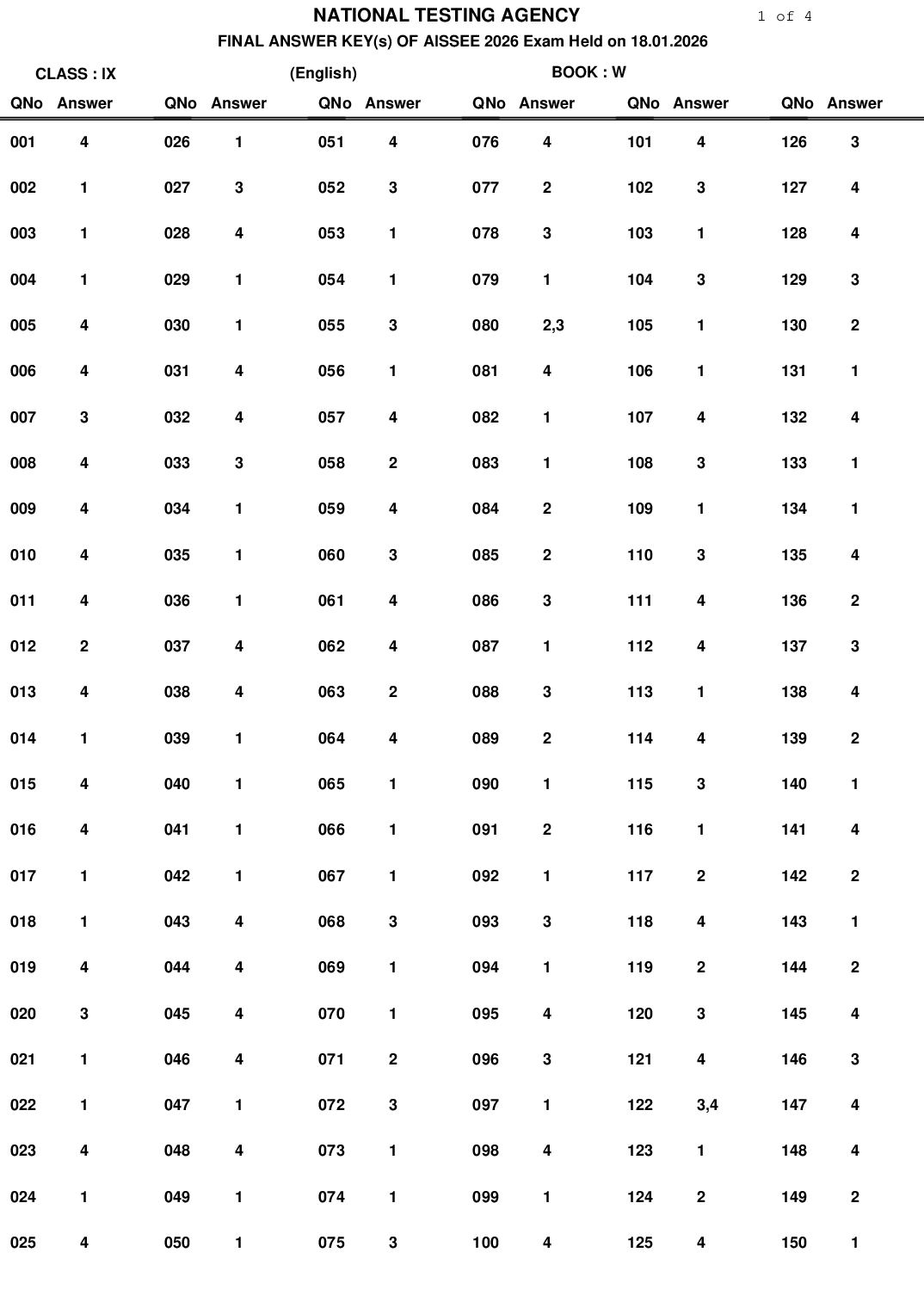 AISSEE 2026 Answer Key Class 9 - Page 1 of 4