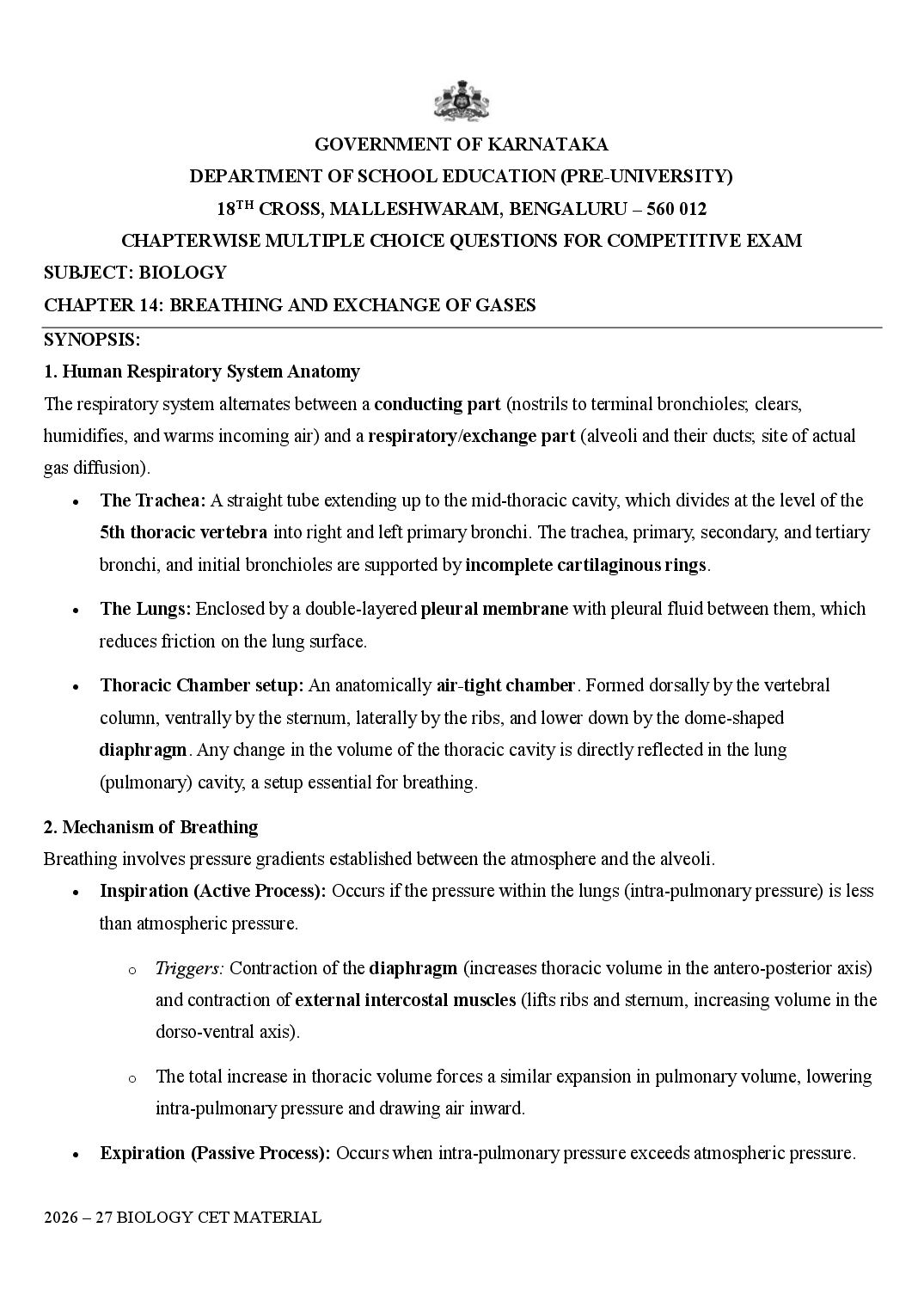 Karnataka 1st PUC Biology Breathing and Exchange of Gases MCQ with Answers - Page 1 of 17