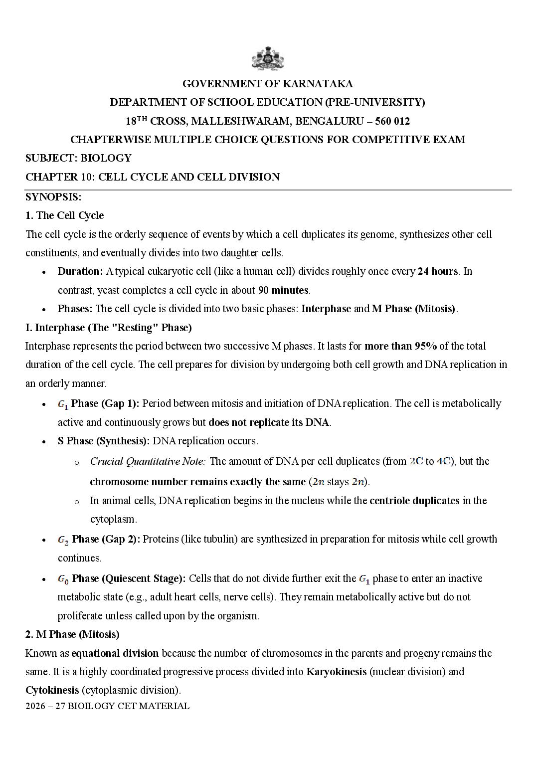 Karnataka 1st PUC Biology Cell Cycle and Cell Division MCQ with Answers - Page 1 of 16